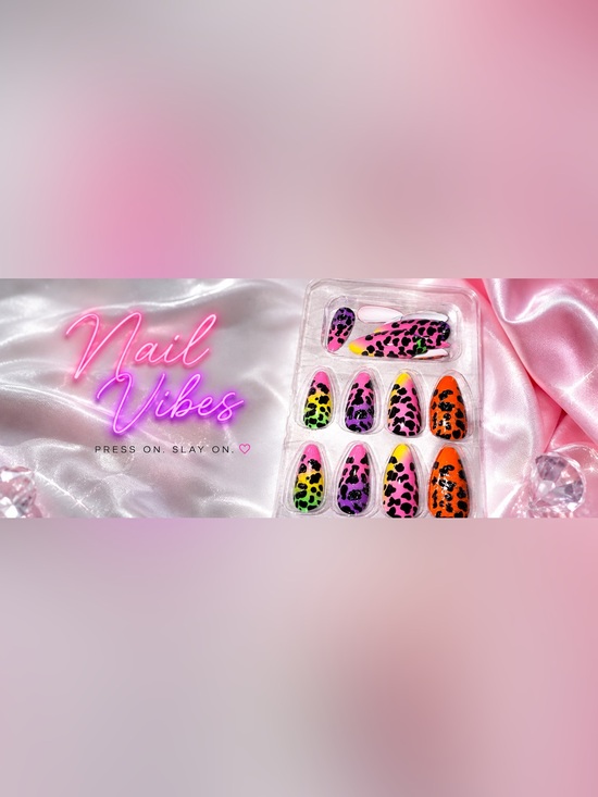 None Other - Neon Leopard Press-On Nail Set - 24 Nails + adhesive tabs
